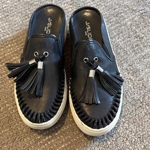 J/SLIDES Black Moccasin Tassel Slip-Ons